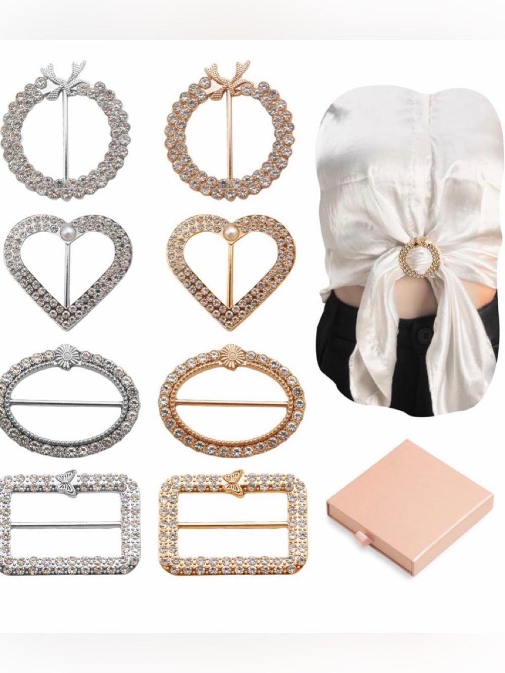 Rhinestone Scarf & Top Buckle — Gold and Silver Decorative Clips